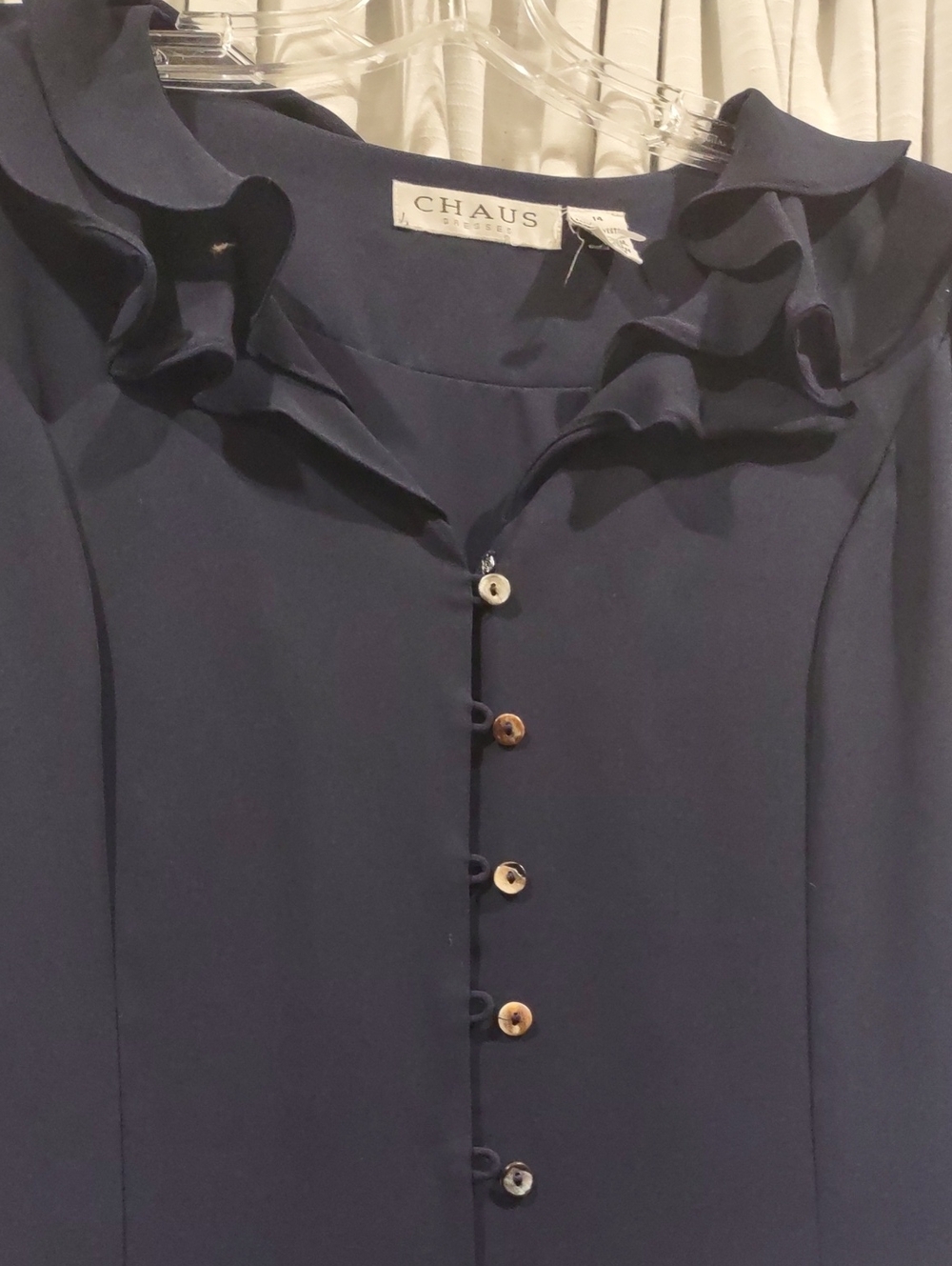 Chaus Navy button-down dress Short Sleeve tie in back Ruffle Summer Lightweight - Picture 4 of 16
